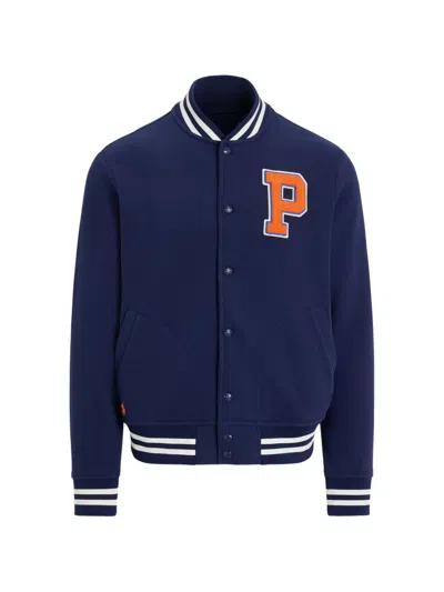Polo Ralph Lauren Logo-patch Striped-trim Bomber Jacket In Blue