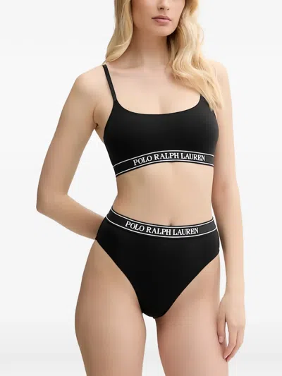 Polo Ralph Lauren Logo-tape Ribbed-knit Bra In Black