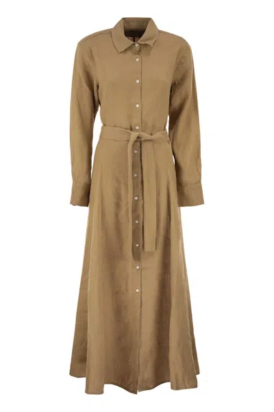 Polo Ralph Lauren Belted Linen Shirtdress In Brown