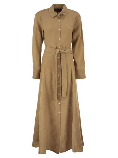 Polo Ralph Lauren Long Linen Shirt Dress With Belt In Brown