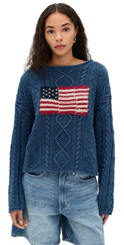 Polo Ralph Lauren Flag Pointelle Cotton-linen Sweater In Blue