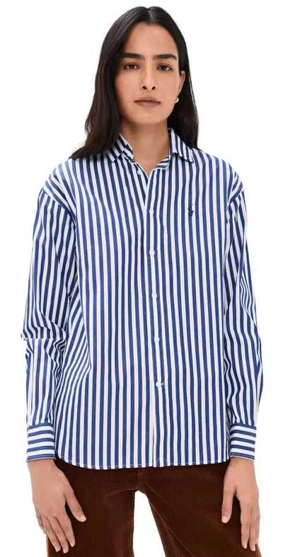 Polo Ralph Lauren Oversize Fit Striped Cotton Shirt Woman Shirt Navy Size L Cotton In Blue