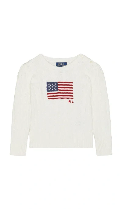 Polo Ralph Lauren Long Sleeve Cotton Cable Knit Flag Crewneck Sweater In White