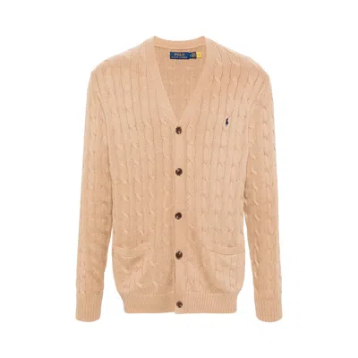 Pre-owned Polo Ralph Lauren Long-sleeve Cotton Cable V Neck Cardigan 'camel Melange' | Tan | Men's Size L In Brown