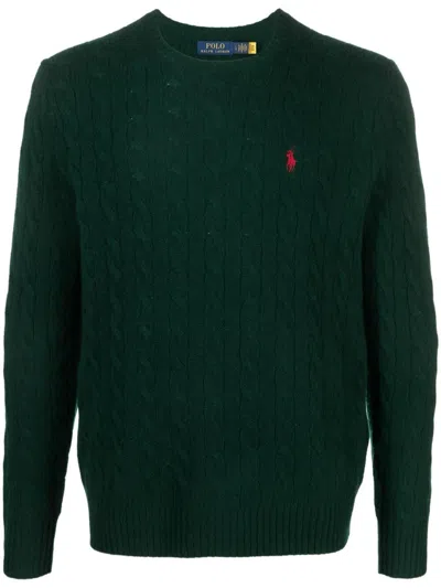 Polo Ralph Lauren Green Cable Knit Crewneck Sweater With Pony Embroidery On The Front In Wool And Cashmere Man