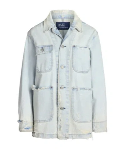 Polo Ralph Lauren Distressed Denim Worker Jacket Pockets In Blue