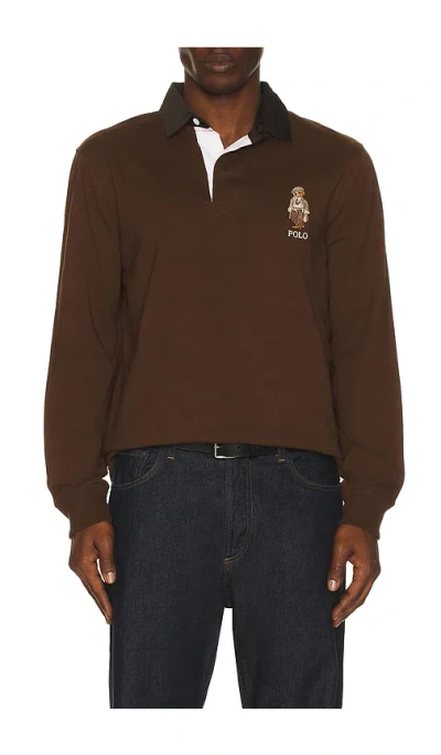 Polo Ralph Lauren Long-sleeve Jersey Knit Novelty Bear Rugby Polo W/ Cord Collar In Brown