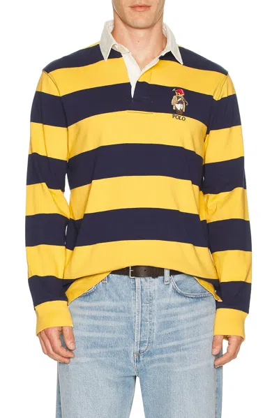 Polo Ralph Lauren Long Sleeve Jersey Knit Society Bear Rugby Shirt In Yellow
