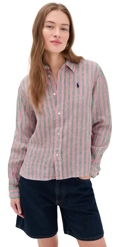 Polo Ralph Lauren Long Sleeve Linen Button Down 1999 Berry Green Multi In Pink