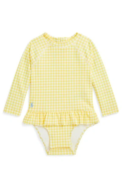 Polo Ralph Lauren Babies'  Long Sleeve One-piece Rashguard Swimsuit In Yellow Gingham/blue