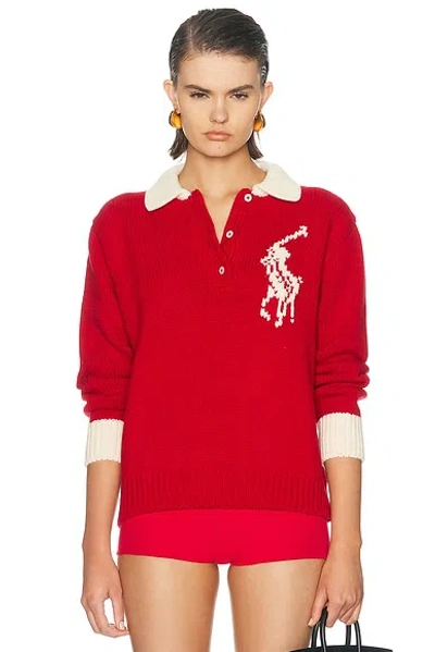 Polo Ralph Lauren Long Sleeve Polo Sweater In Red & Cream