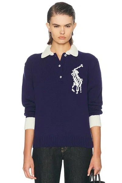Polo Ralph Lauren Long Sleeve Polo Sweater In Royal & Cream