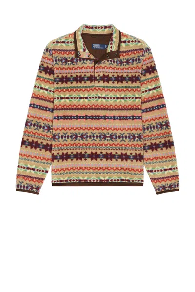 Polo Ralph Lauren Long Sleeve Printed Vintage Fleece Snap Mockneck Pullover In Brown