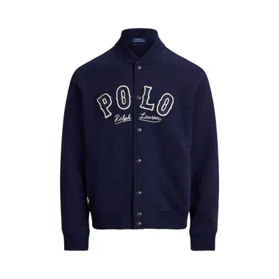 Pre-owned Polo Ralph Lauren Long Sleeve Rl Fleece Graphic Polo Chain Stitched Basketball Jacket 'cruise Navy'  In Blue