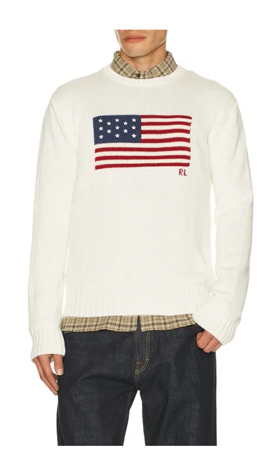 Polo Ralph Lauren Long Sleeve Roving Cotton Usa Flag Crewneck Sweater In White