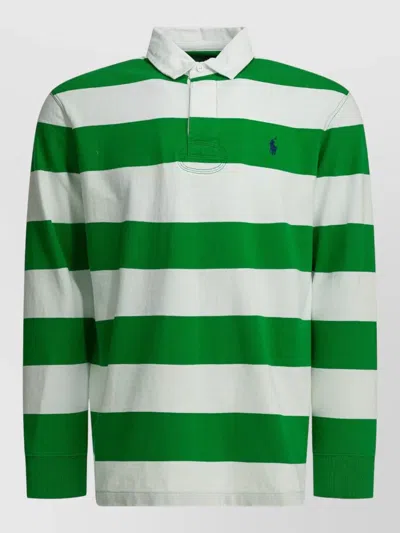 Polo Ralph Lauren Long Sleeve Striped Polo Shirt Ribbed Cuffs In Green