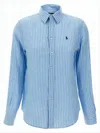 Polo Ralph Lauren Long-sleeved Button-up Linen Shirt With Vertical Stripes In Blue