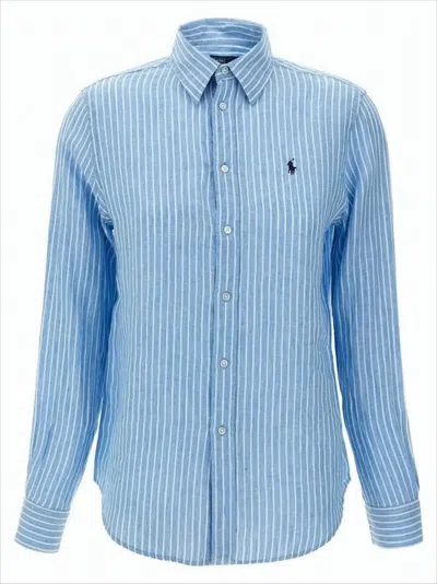 Polo Ralph Lauren Long-sleeved Button-up Linen Shirt With Vertical Stripes In Blue