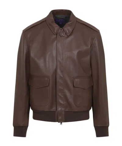 Polo Ralph Lauren Long-sleeved Leather Jacket In Brown