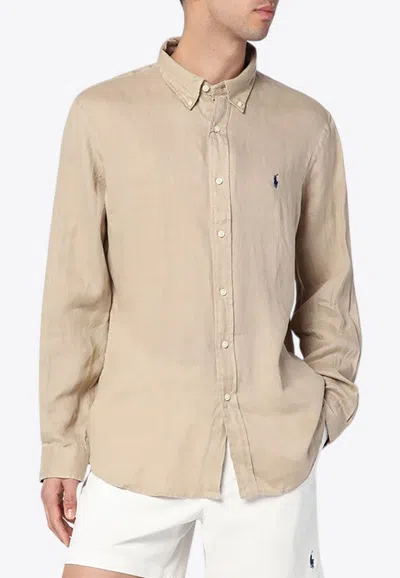 Polo Ralph Lauren Long-sleeved Logo Linen Shirt In Sand