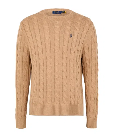 Polo Ralph Lauren Beige Cable Knit Crewneck Sweater With Pony Embroidery On The Front In Wool And Cashmere Man In Brown