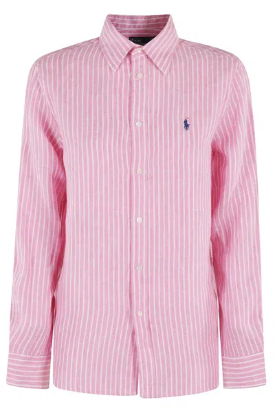 Polo Ralph Lauren Long-sleeved Striped Linen Shirt With Button-down Front In Multicolor