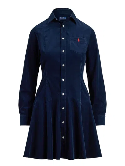 Polo Ralph Lauren Long Sleeves Botoned Dress With Logo In Blue
