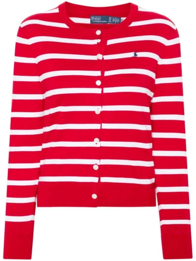 Polo Ralph Lauren Long Sleeves Crew Neck Braided Striped Sweater In Red