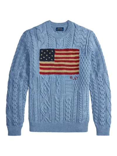 Polo Ralph Lauren Long Sleeves Round Neck Flag Sweater In Blue