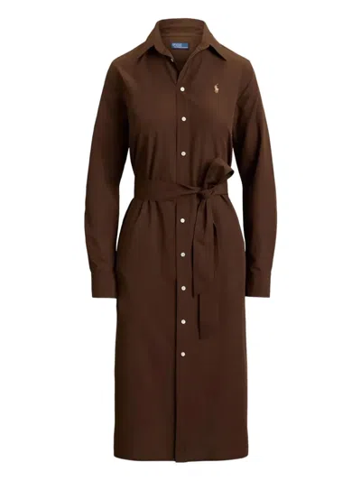 Polo Ralph Lauren Long Sleeves Shirt Midi Dress In Brown
