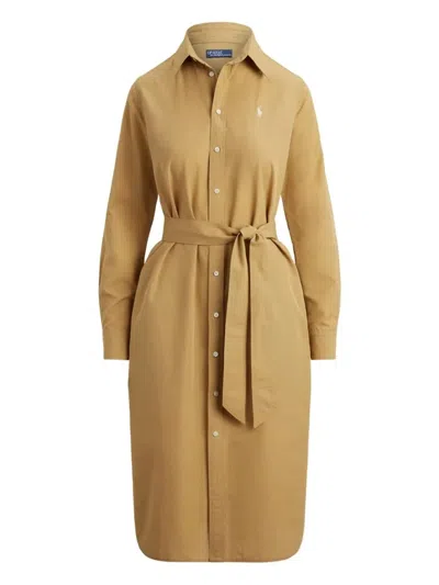 Polo Ralph Lauren Long Sleeves Shirt Midi Dress In Brown