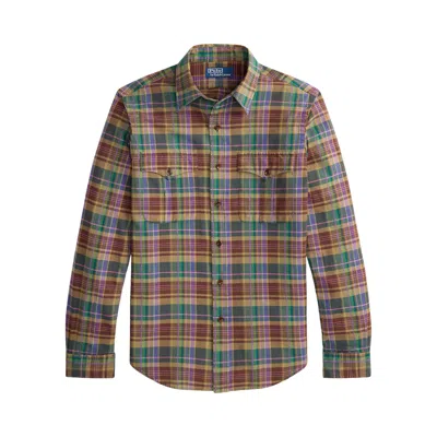 Pre-owned Polo Ralph Lauren Long-sleeve Bleeding Madras Safari Military Shirt 'brown/purple/multicolor' | Mult