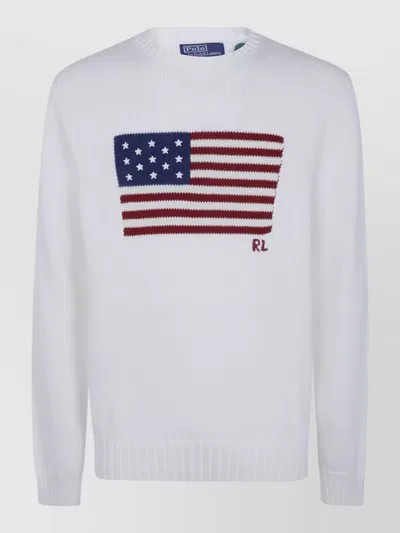 Polo Ralph Lauren Flag Embroidered Long Sleeve Pullover In White