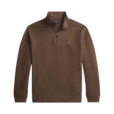 Pre-owned Polo Ralph Lauren Long-sleeve Double Knit Jacquard 1/2 Zip Mockneck Pullover 'nutmeg Brown Heather'