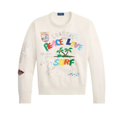 Pre-owned Polo Ralph Lauren Long-sleeve Seasonal Fleece Print And Stitch Crewneck Sweatshirt 'nevis' | Cream | In White