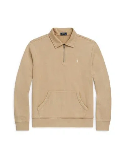 Polo Ralph Lauren Loopback Fleece Quarter-zip Sweatshirt Man Sweatshirt Beige Size L Cotton In Beige