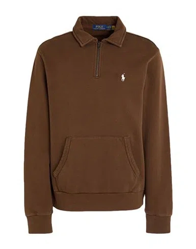 Polo Ralph Lauren Loopback Fleece Quarter-zip Sweatshirt Man Sweatshirt Brown Size L Cotton In Brown
