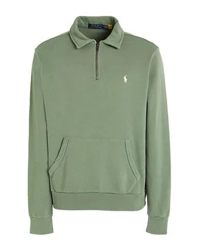 Polo Ralph Lauren Loopback Fleece Quarter-zip Sweatshirt Man Sweatshirt Sage Green Size L Cotton In Sage Green