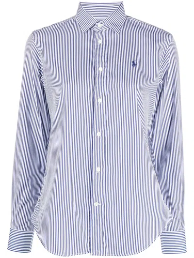 Polo Ralph Lauren Loose-collar Cotton Shirt With Mother-of-pearl Buttons, Long Sleeves & Signature P In Blu