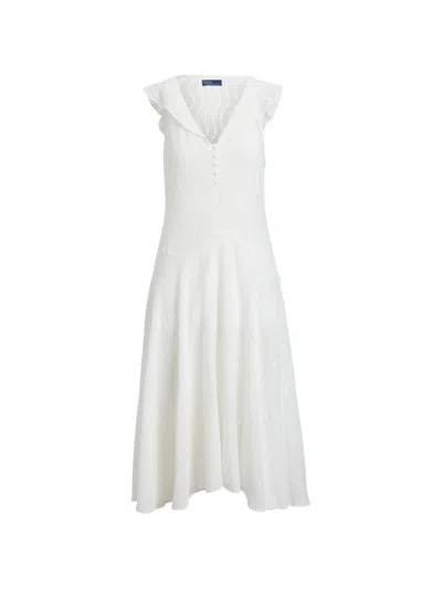 Polo Ralph Lauren Lynton Ruffled V-neck Midi Dress In White