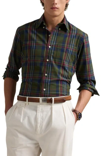 Polo Ralph Lauren Madras Plaid Performance Button-down Shirt In Olive/navy Multi