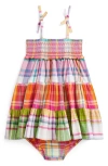 Polo Ralph Lauren Ralph Lauren Madras Plaid Tiered Cotton Sundress & Bloomers In Pink Multi
