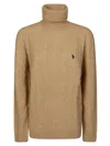 Polo Ralph Lauren Cable Knit Turtleneck Sweater With Embroidered Logo In Beige