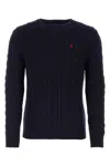 Polo Ralph Lauren Blue Cable Knit Crewneck Sweater With Pony Embroidery On The Front In Wool And Cashmere Man