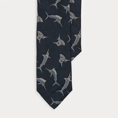 Polo Ralph Lauren Marlin-print Silk-linen Serge Tie In Black