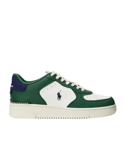 Polo Ralph Lauren Masters Leather Sneakers In Cream/forest/yellow