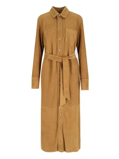 Polo Ralph Lauren Maxi Chemisier In Soft Brown Suede In Gold