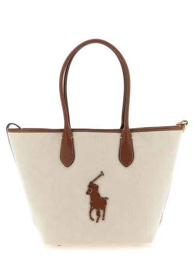 Polo Ralph Lauren Medium Canvas Shopping Bag Tote Bag Brown In White