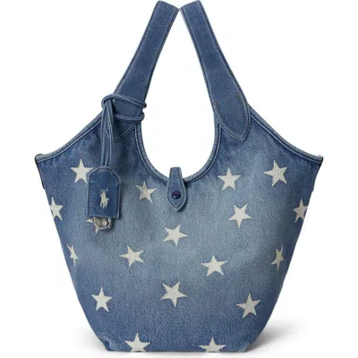 Polo Ralph Lauren Medium Star Print Denim Tote In Blue
