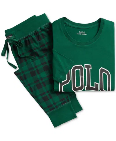 Polo Ralph Lauren Men's 2-pc. Crewneck Jogger Pajamas Set In Green Overcheck,buffalo Plaid
